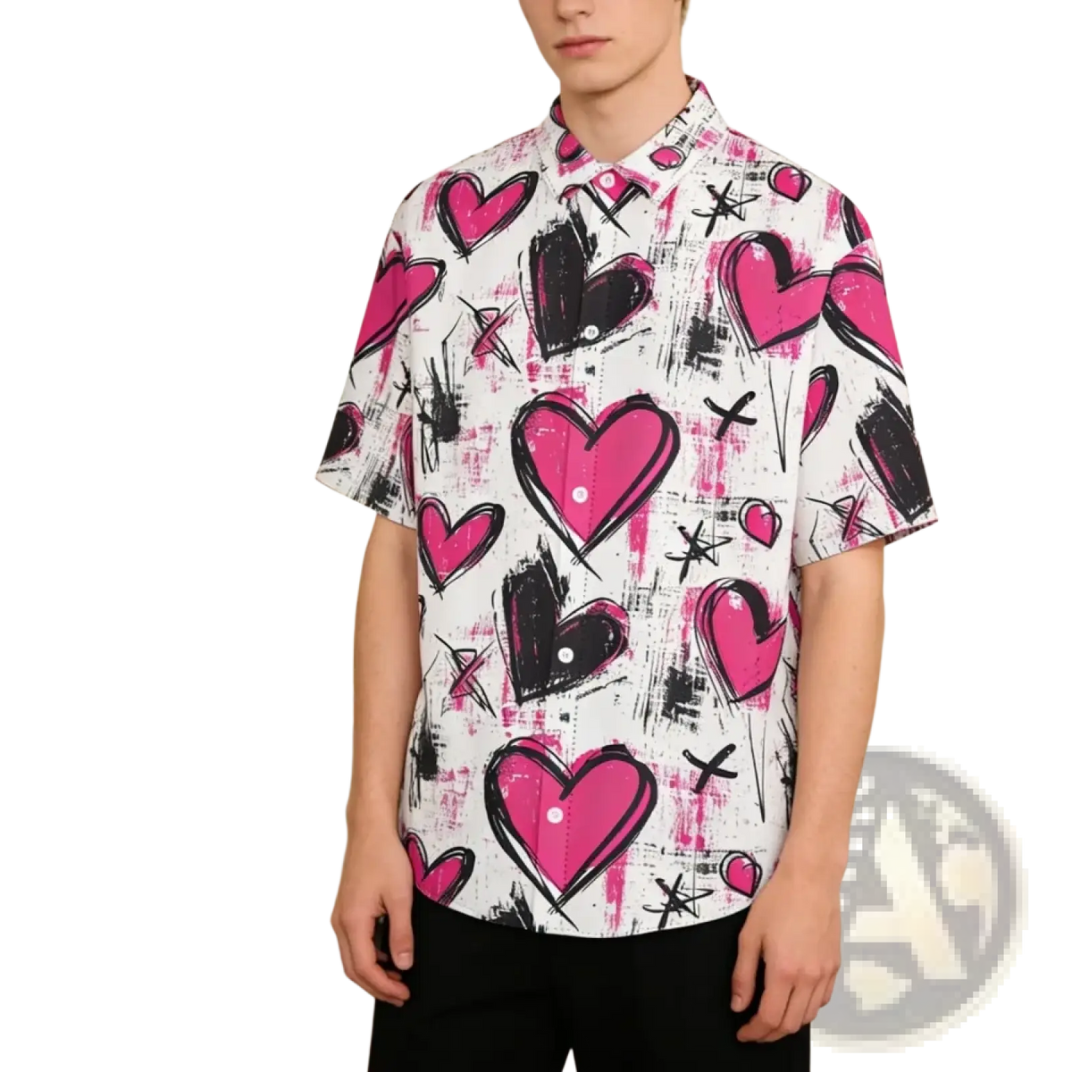 A vibrant heart print casual short sleeve button down shirt with pink and black patterns on white base fabric
