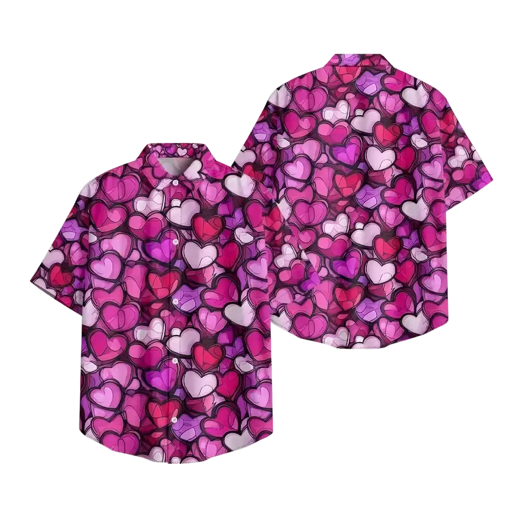 A vibrant pink and purple heart print casual shirt with short sleeve button front perfect for summer wear