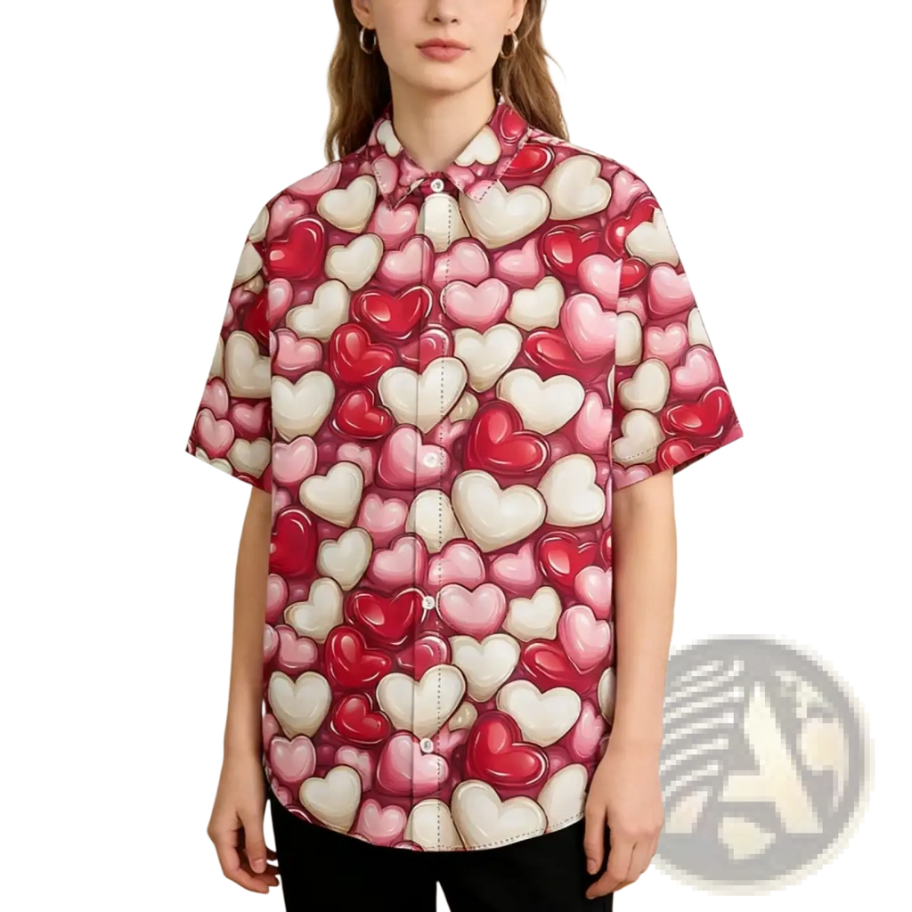 A vibrant pink and white heart print casual short sleeve button down shirt ideal for casual wear