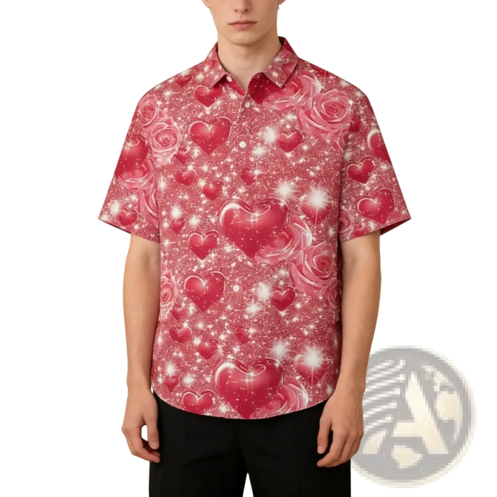 A vibrant red casual short sleeve button down shirt featuring a glossy heart and rose pattern with glitter effects
