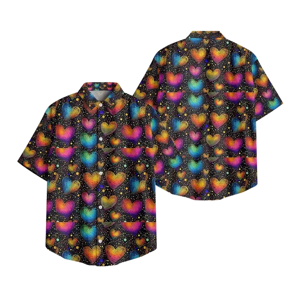 A vibrant black short sleeve button heart print casual shirt with rainbow hearts and star-like dots
