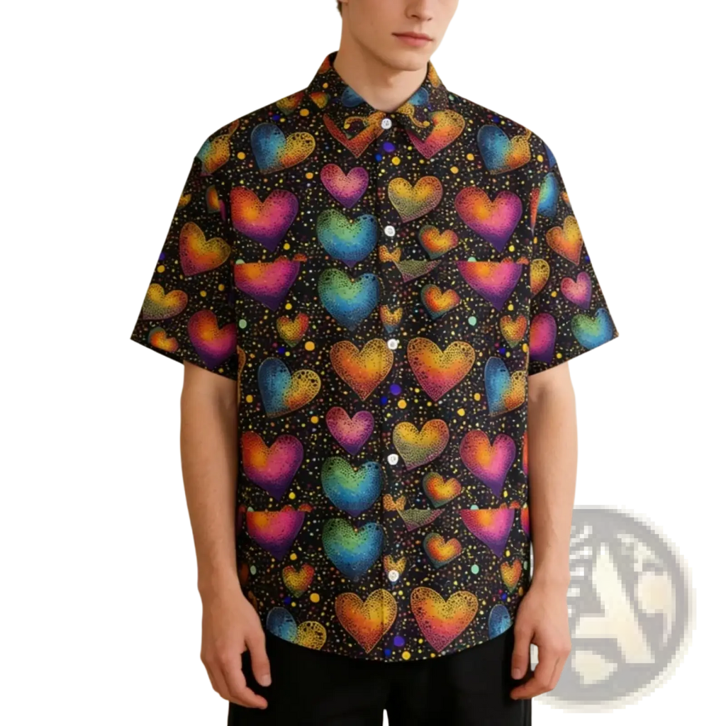 A vibrant short-sleeved button-up shirt with black fabric featuring rainbow hearts and gold dots for casual wear