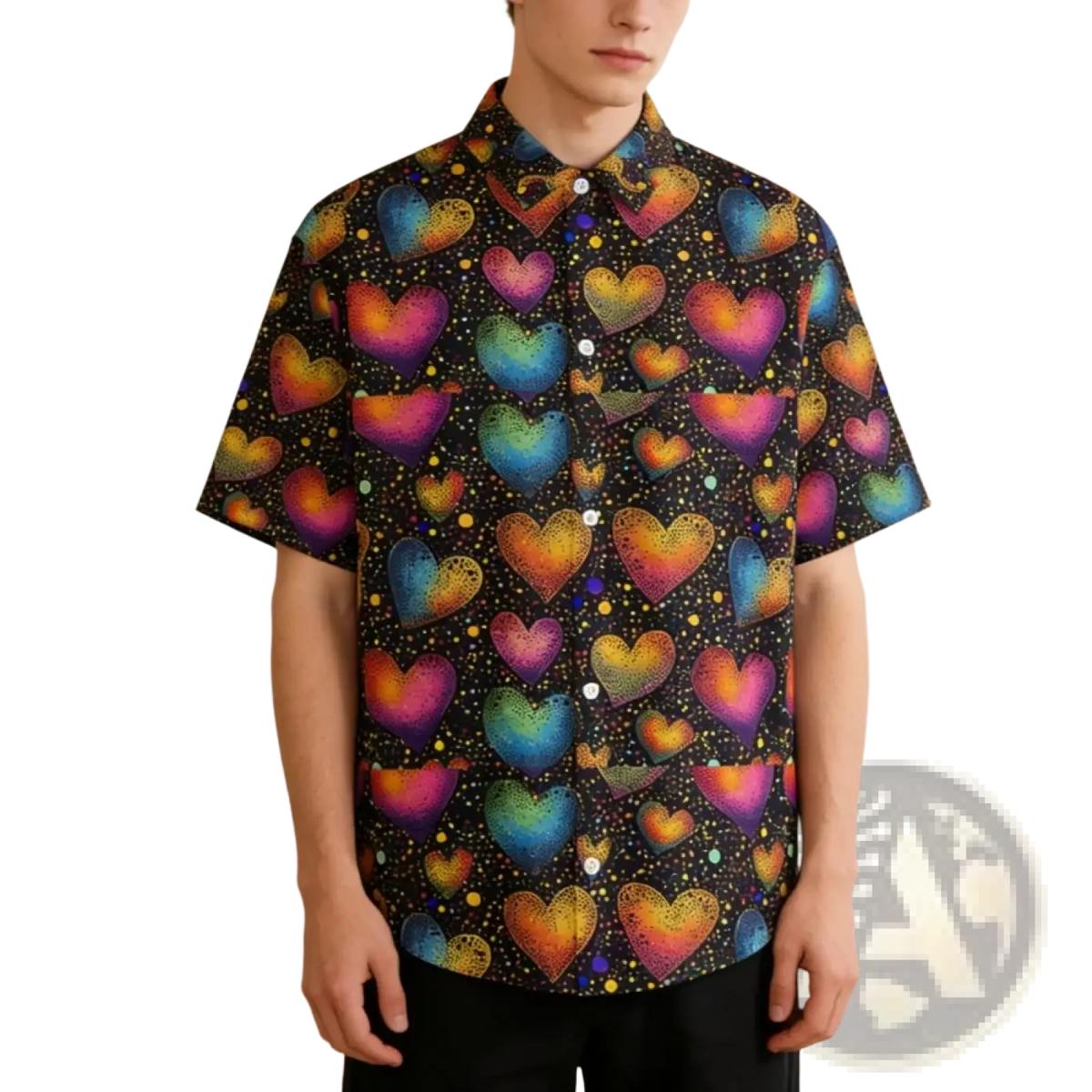A vibrant short-sleeved button-up shirt with black fabric featuring rainbow hearts and gold dots for casual wear