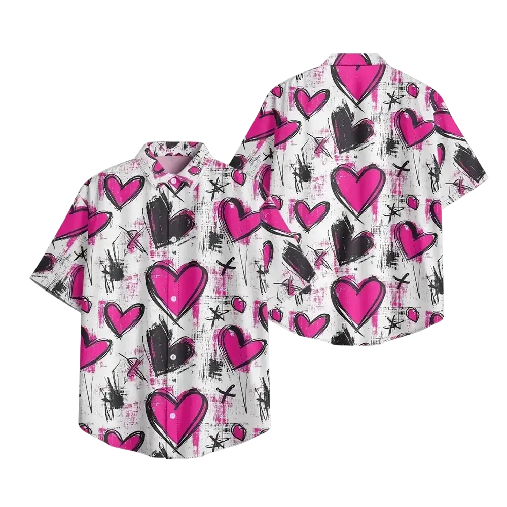 White short sleeve button down shirt with bold bright pink and black heart print featuring graffiti style strokes