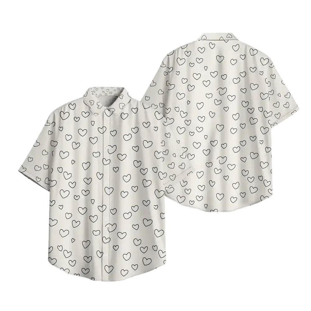 White short sleeve button casual shirt with a playful black heart print pattern for everyday wear