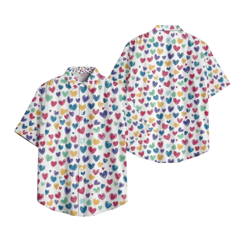 White short sleeve button down shirt with vibrant rainbow hand drawn heart print for casual wear