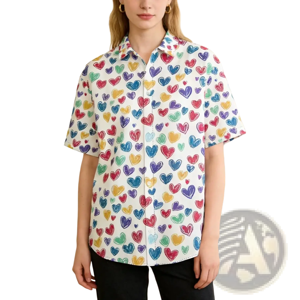 A white short-sleeved button-up shirt with a vibrant hand-drawn rainbow heart pattern for casual wear