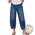 Blue denim jeans for women featuring red heart embroidery on the front for a stylish casual look