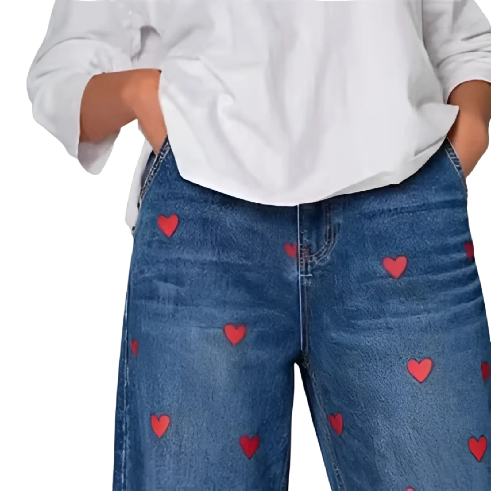Blue denim jeans for women featuring red heart patches as a decorative key detail on casual wear