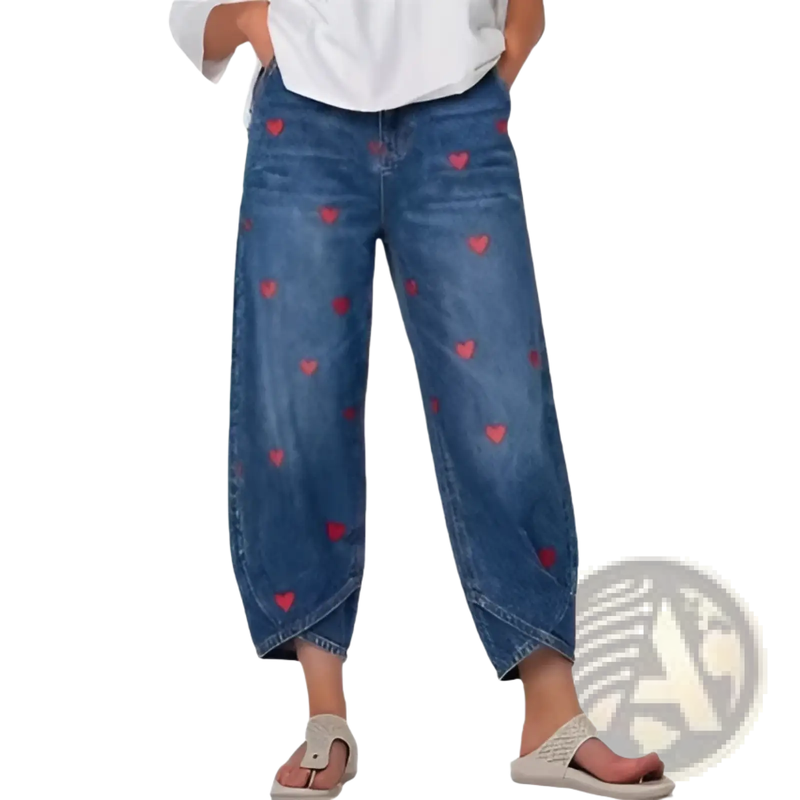 Blue denim jeans for women featuring red heart patterns on the fabric for a stylish casual look
