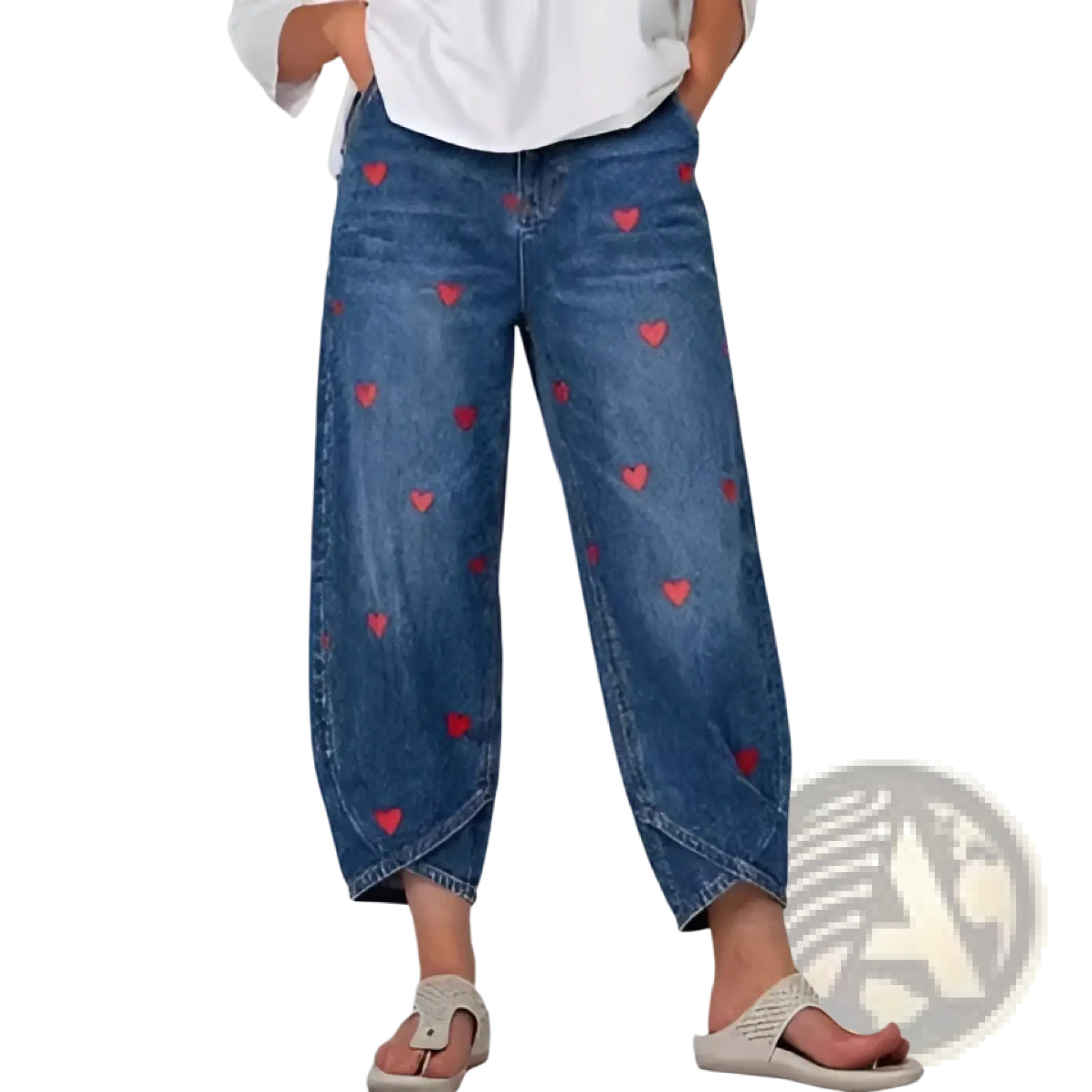 Blue denim jeans for women featuring red heart patterns on the front with a comfortable fit