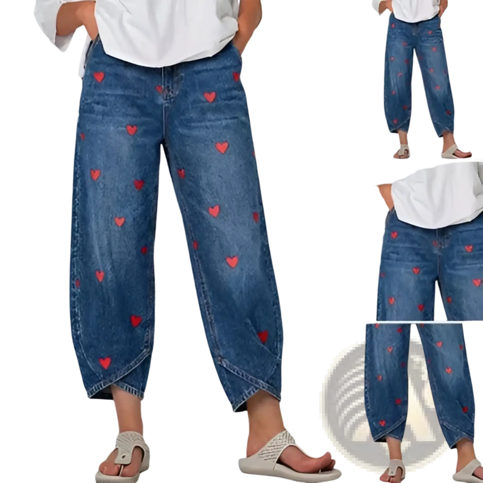 Blue denim jeans for women featuring red heart embroidery on durable cotton fabric