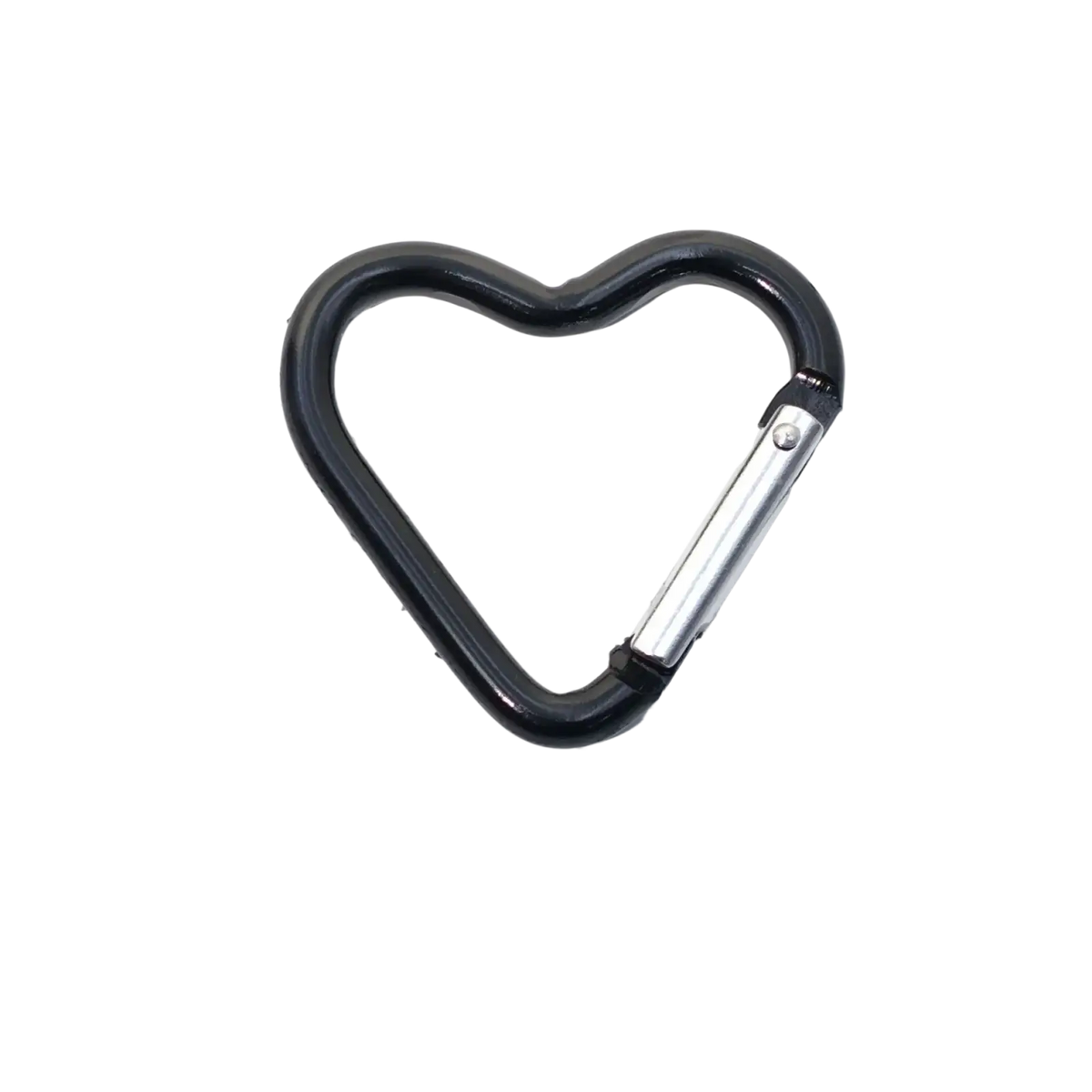 Black heart shaped carabiner keychain with a silver toned gate mechanism for secure attachment
