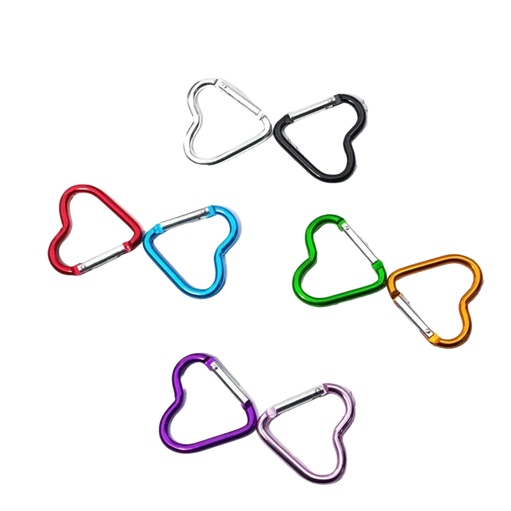 Set of five heart shaped carabiner keychains in metallic red blue green gold and purple finishes for versatile use