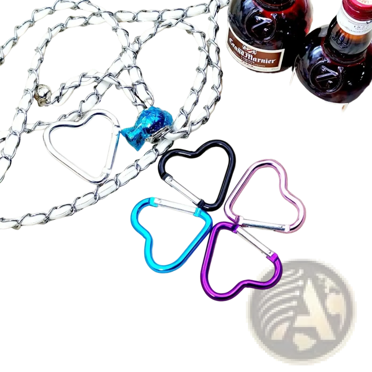 Set of four heart shaped carabiner keychains in black blue pink and purple metallic finishes for versatile use