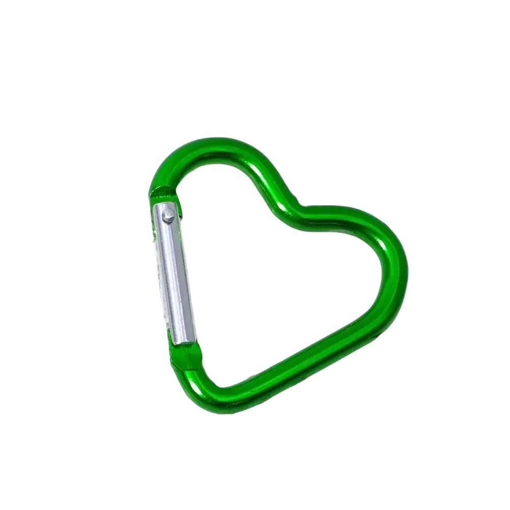 Green heart shaped carabiner keychain set featuring a silver toned gate for secure attachment and everyday use