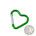 A vibrant green heart shaped carabiner keychain with a silver locking mechanism for secure attachment