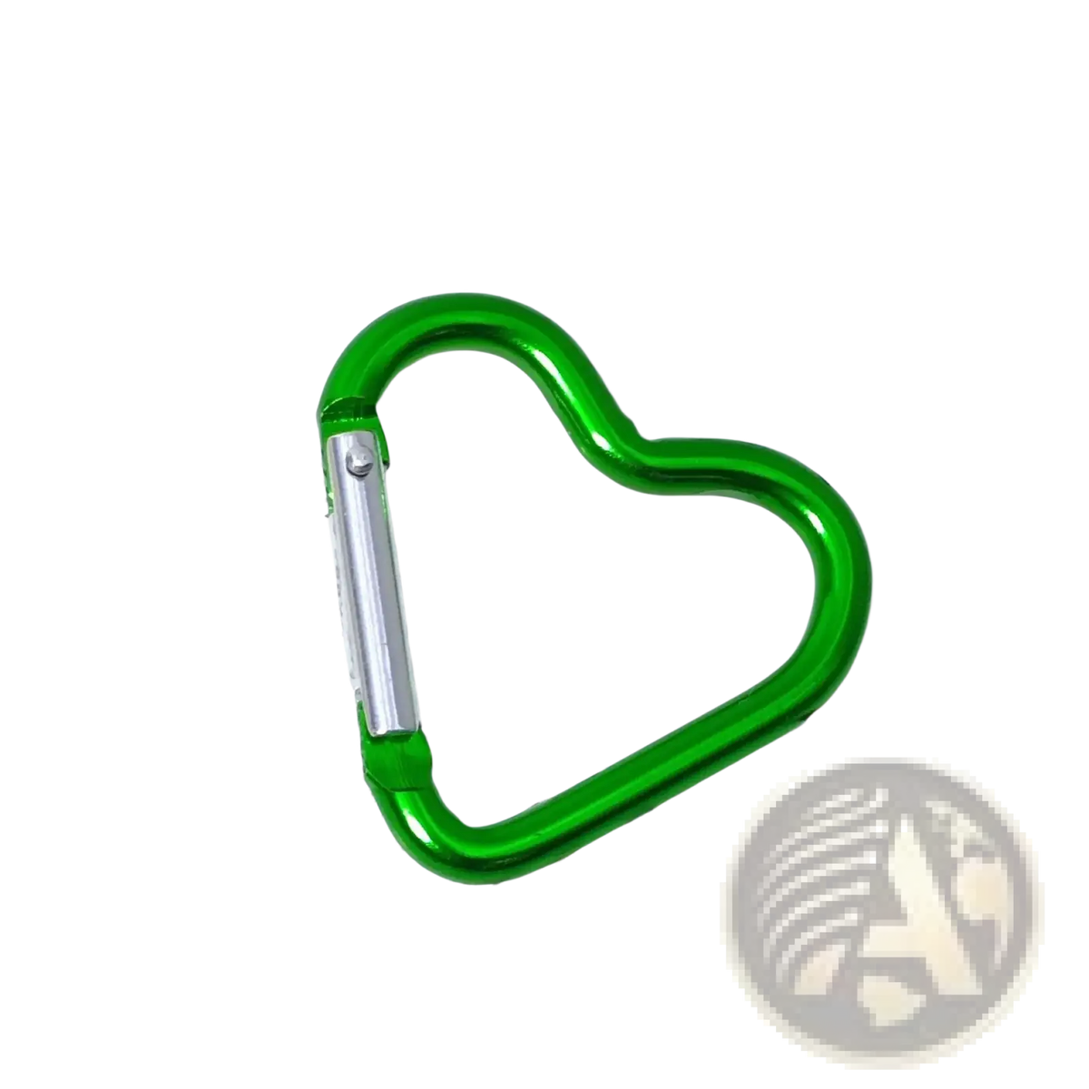 A vibrant green heart shaped carabiner keychain with a silver locking mechanism for secure attachment