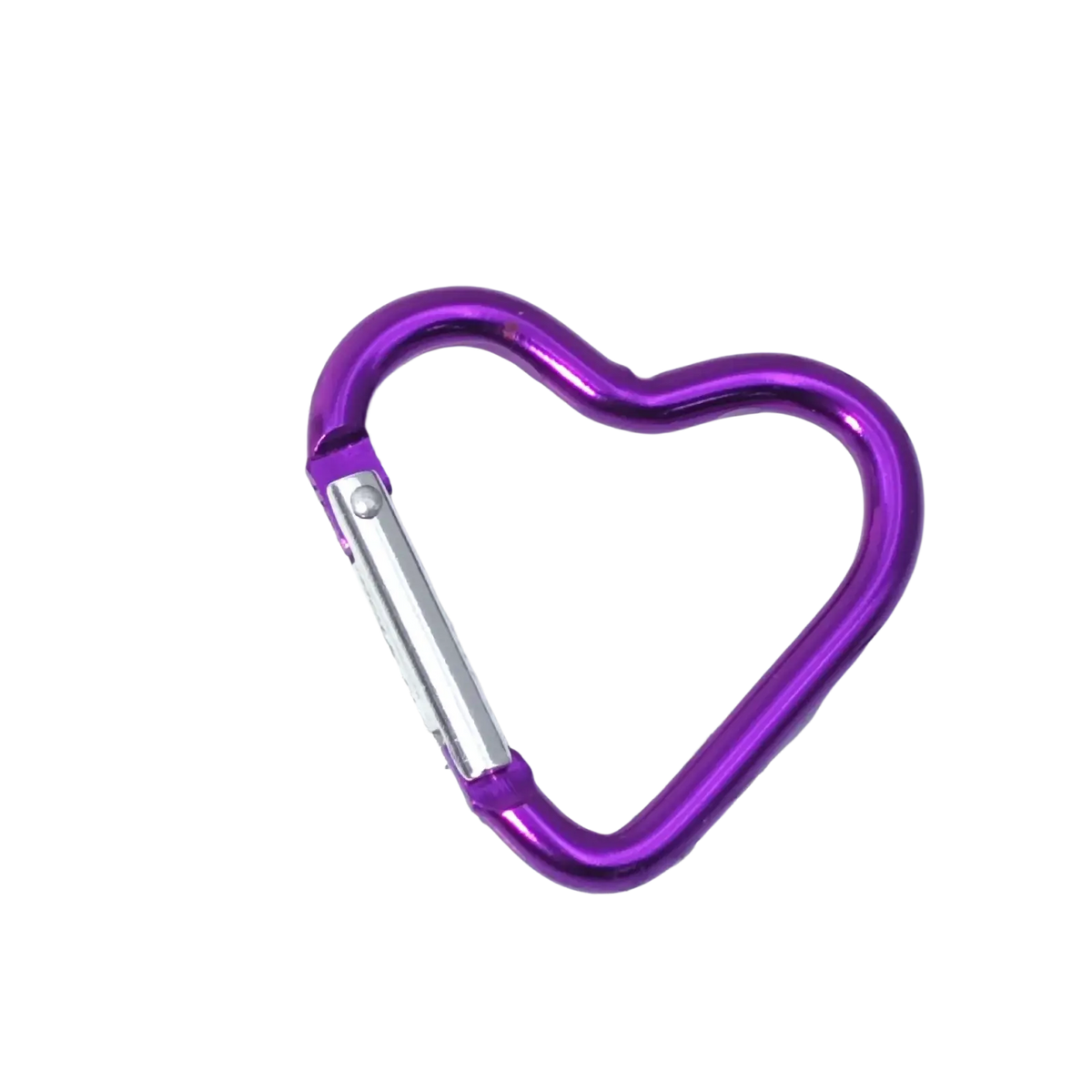 Purple heart shaped carabiner keychain with a silver toned gate made of durable metal for secure attachment