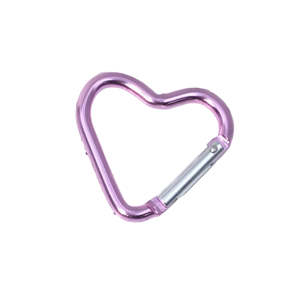 A shiny pink heart shaped carabiner keychain with a silver toned metal gate for secure attachment