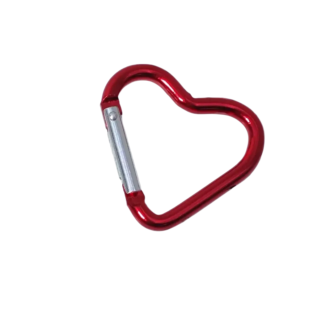 A shiny red heart shaped carabiner keychain set with a silver toned gate mechanism for secure attachment