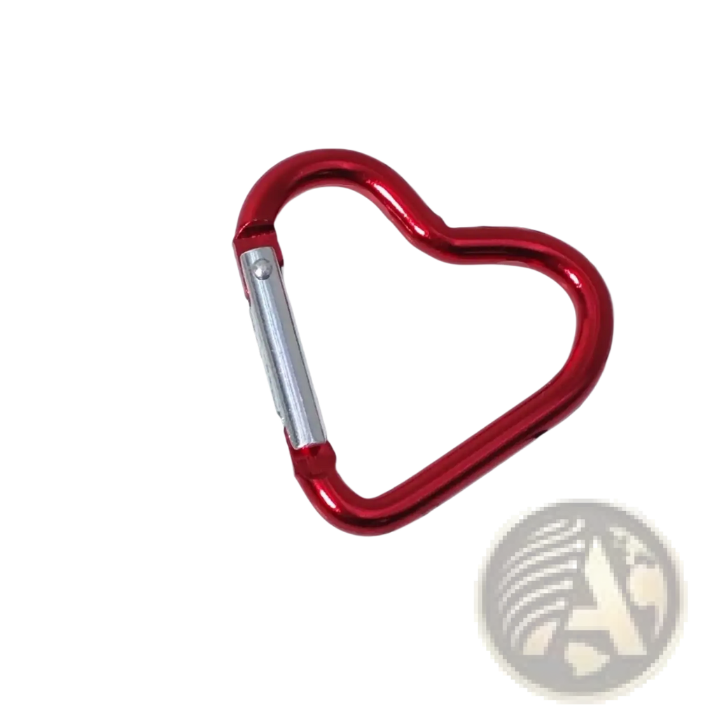 A shiny red heart shaped carabiner keychain set with a silver toned gate mechanism for secure attachment