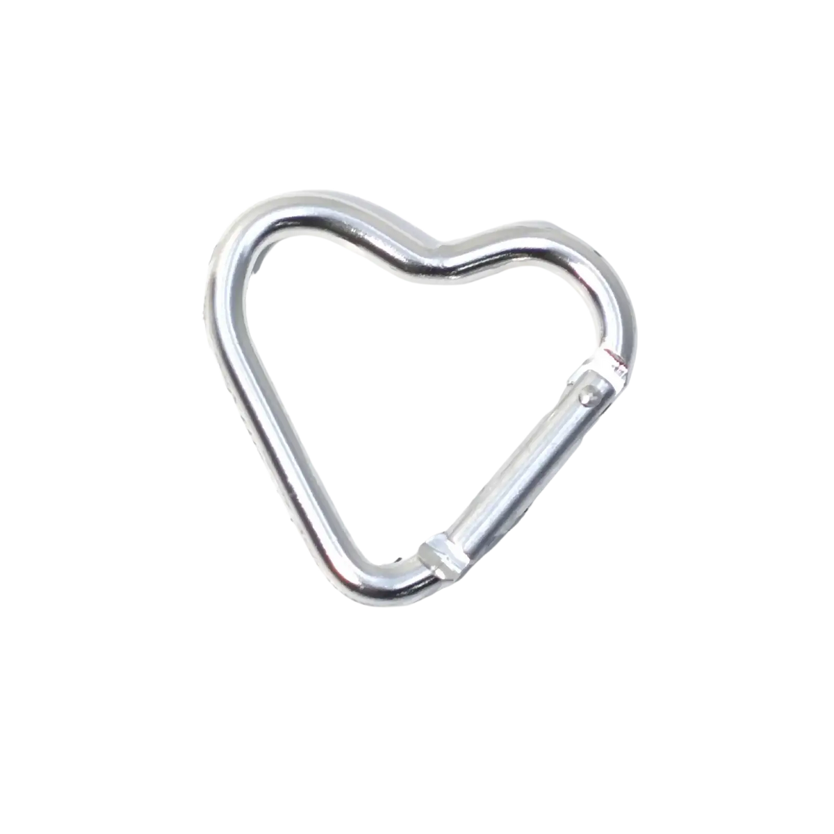 Heart shaped carabiner keychain set with a shiny silver metallic finish and secure locking mechanism