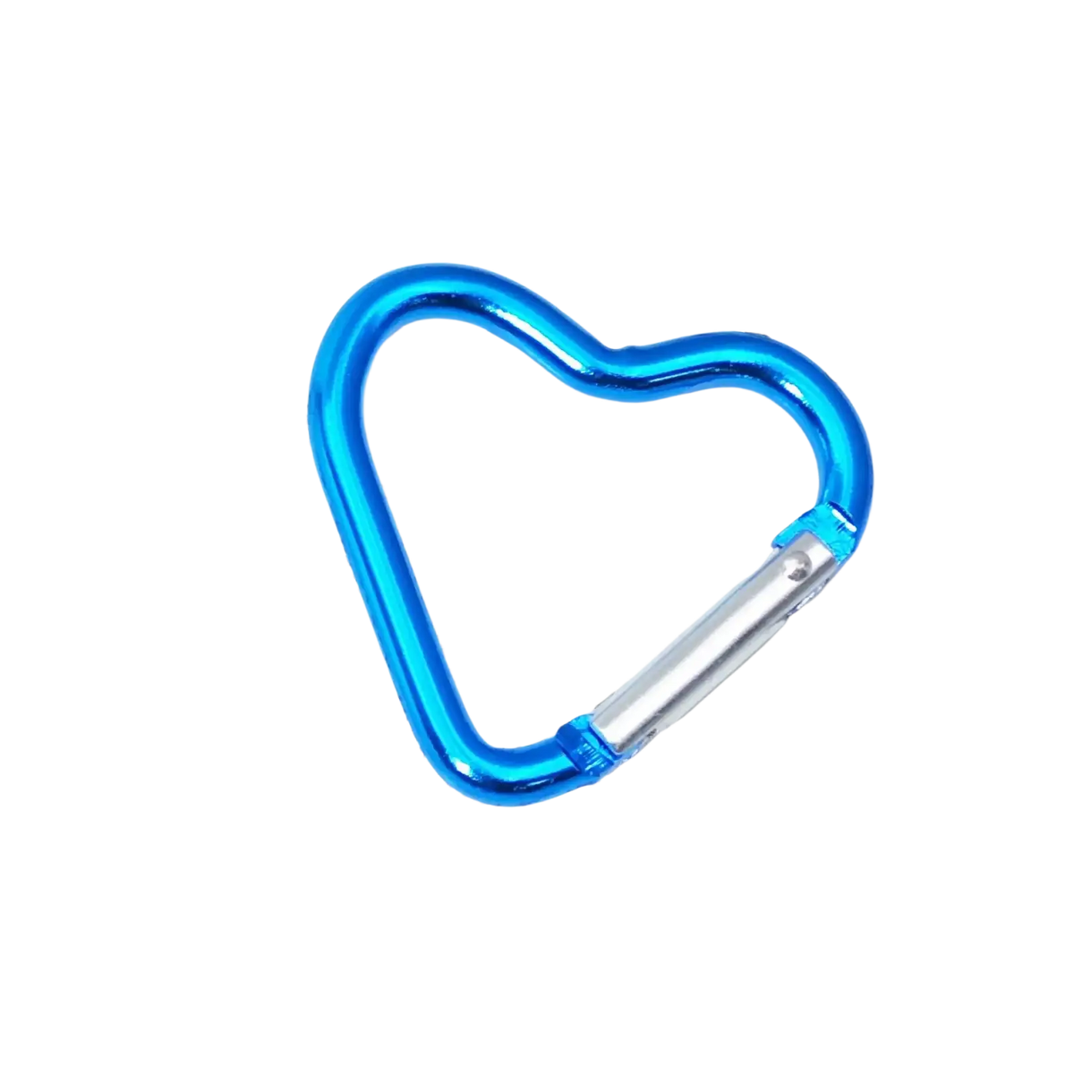 A vibrant blue heart shaped carabiner keychain with a silver toned gate and clip mechanism for secure attachment