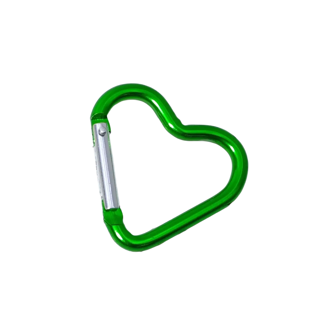 A vibrant green heart shaped carabiner keychain with a silver locking mechanism for secure attachment