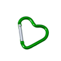 A vibrant green heart shaped carabiner keychain with a silver locking mechanism for secure attachment