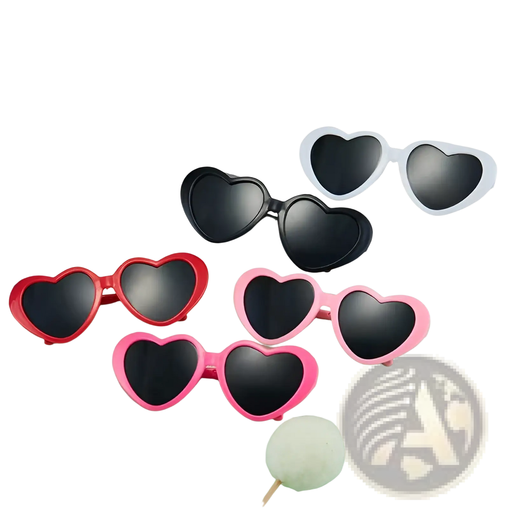 Heart shaped fashion sunglasses for pets and dolls in red pink and black frames with dark lenses