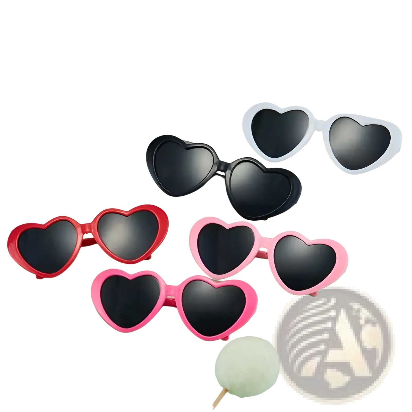Heart shaped fashion sunglasses for pets and dolls in red pink and black frames with dark lenses