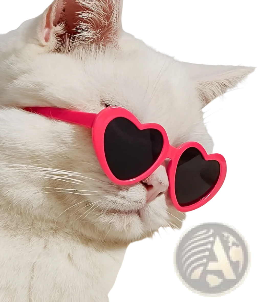 A white cat wearing bright pink heart shaped fashion sunglasses with black lenses for pets and dolls