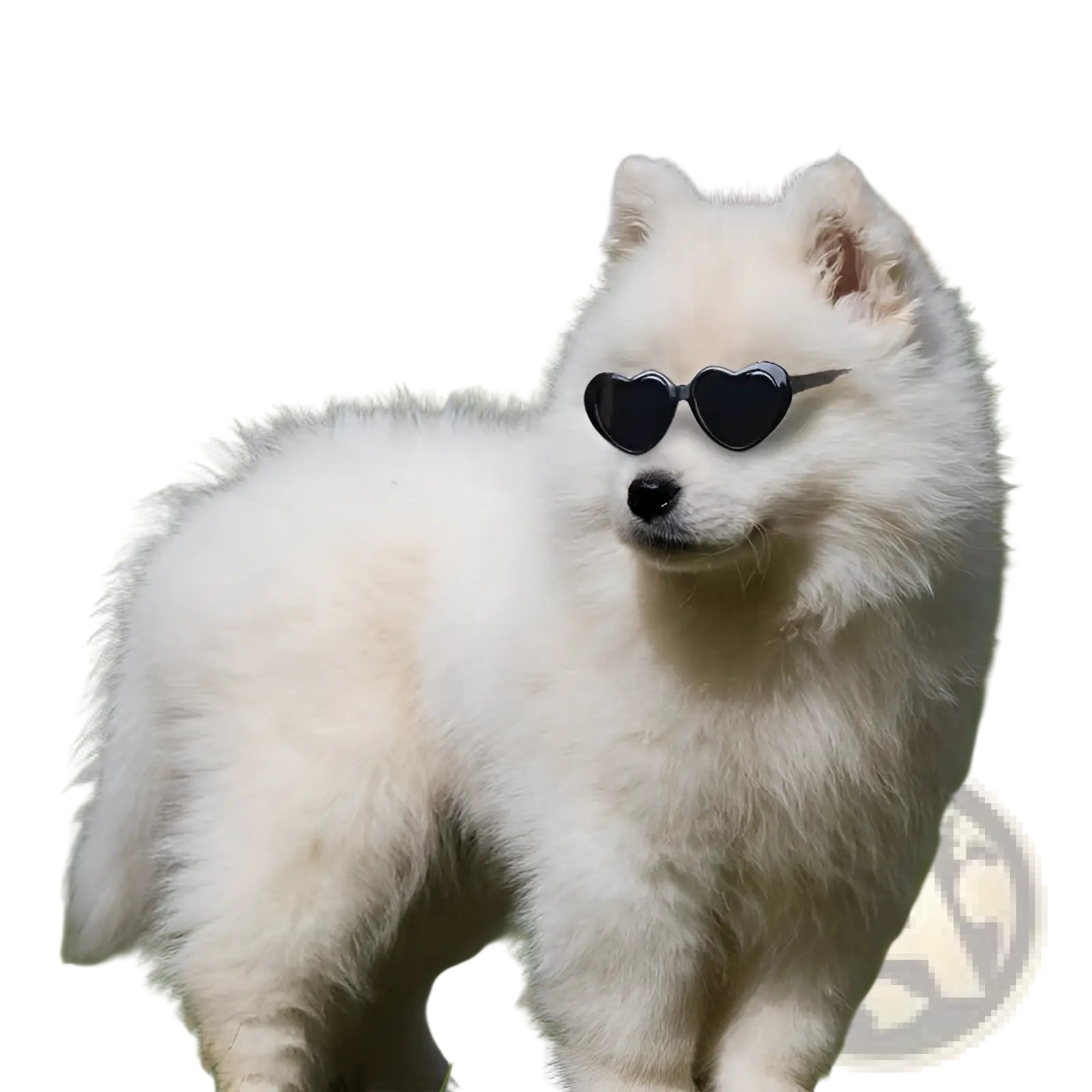 A fluffy white samoyed puppy wearing heart shaped black fashion sunglasses designed for pets and dolls