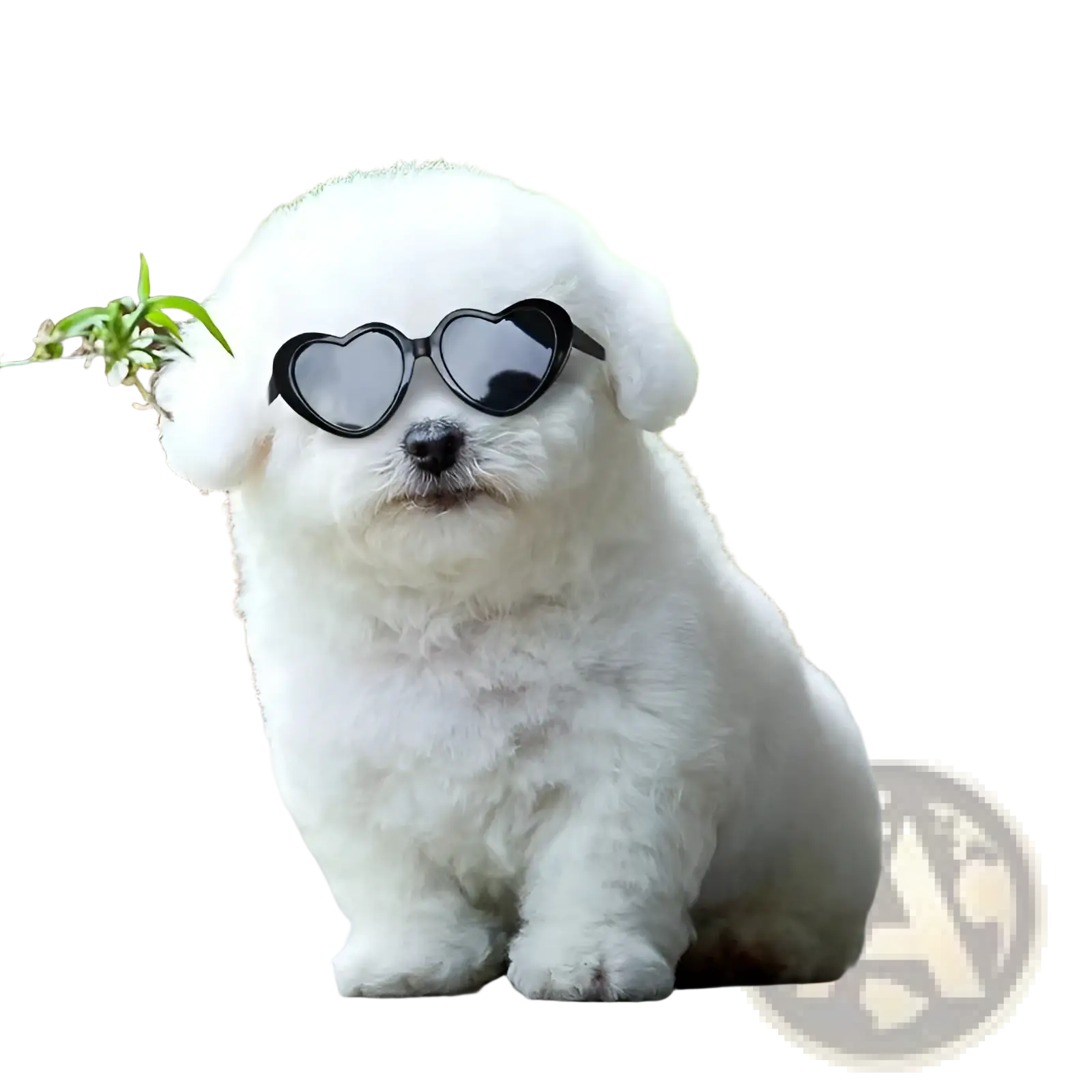 Fluffy white bichon frise puppy wearing black heart shaped fashion sunglasses for pets and dolls
