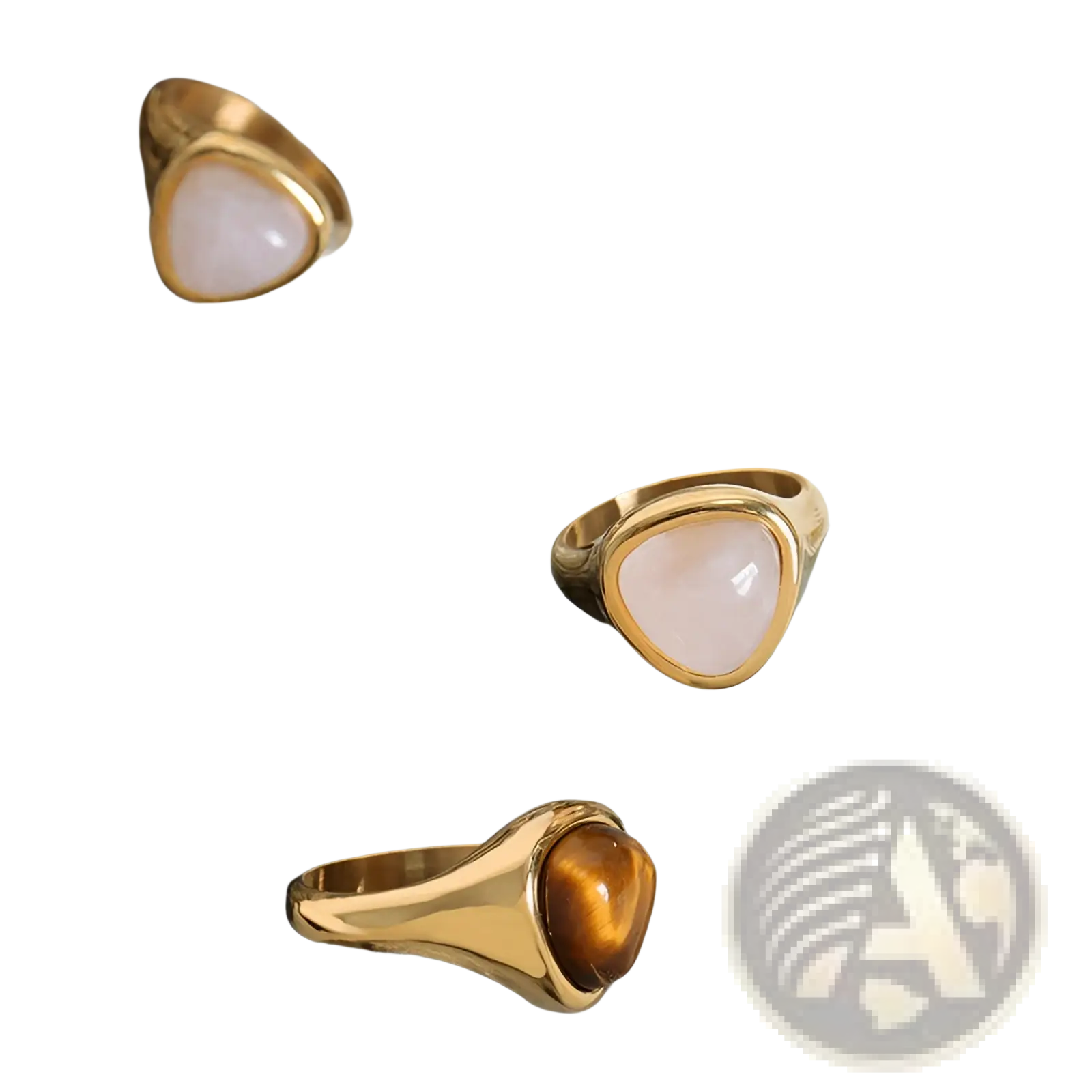 Gold-toned titanium steel signet rings with heart shaped smooth pink rose quartz and golden tiger’s eye stones