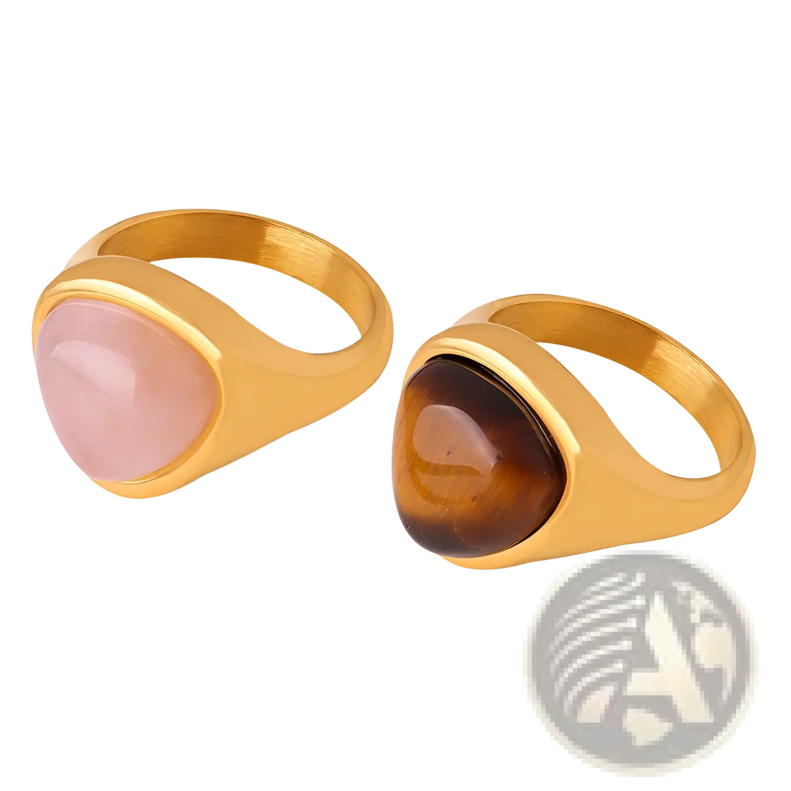 Gold-toned heart shaped natural stone titanium steel signet rings with pink rose quartz and brown tiger’s eye stones