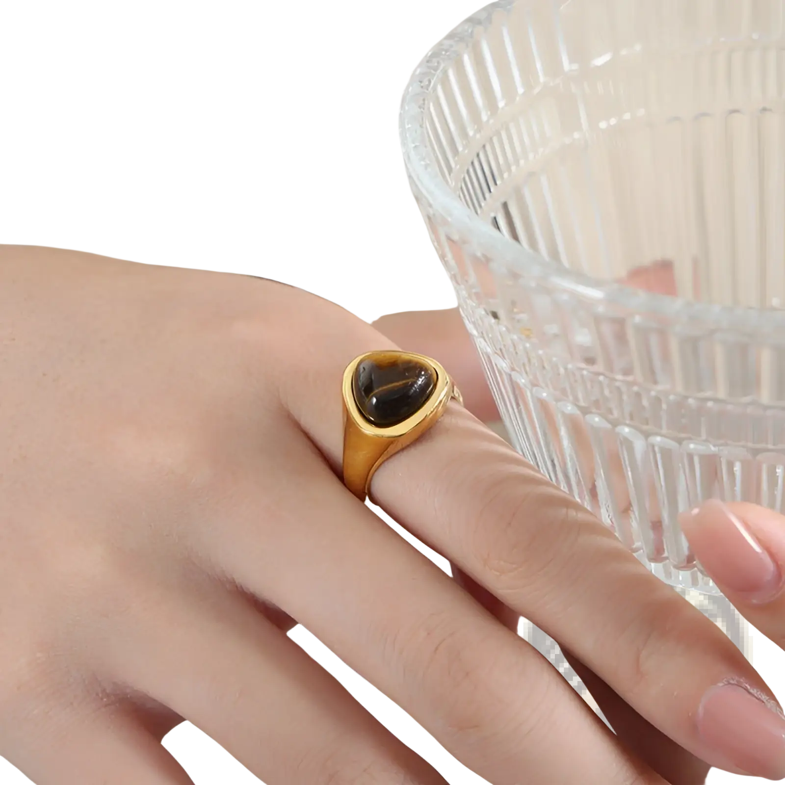 Gold-toned titanium steel signet ring with a heart-shaped dark brown tiger’s eye natural stone in a polished band