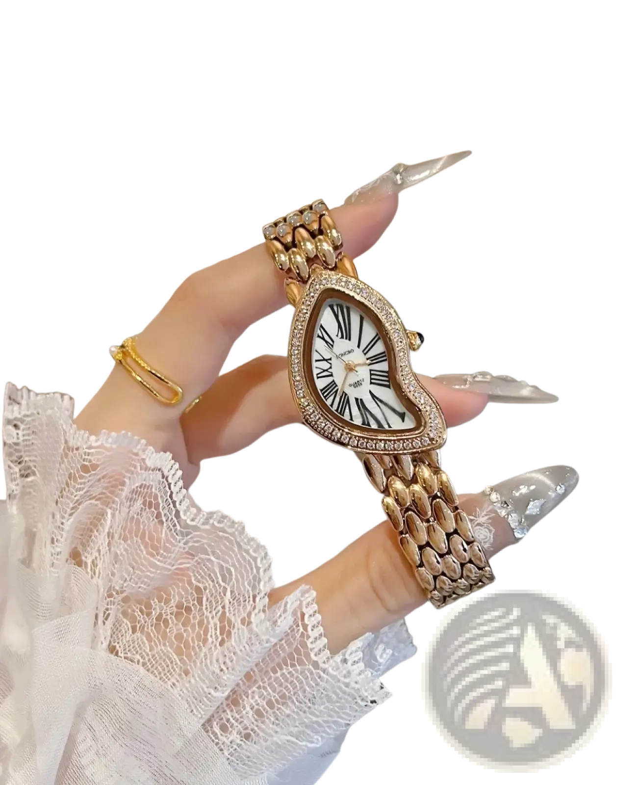 A gold-toned heart shaped women designer watch with rhinestones roman numerals and stainless steel linked bracelet strap