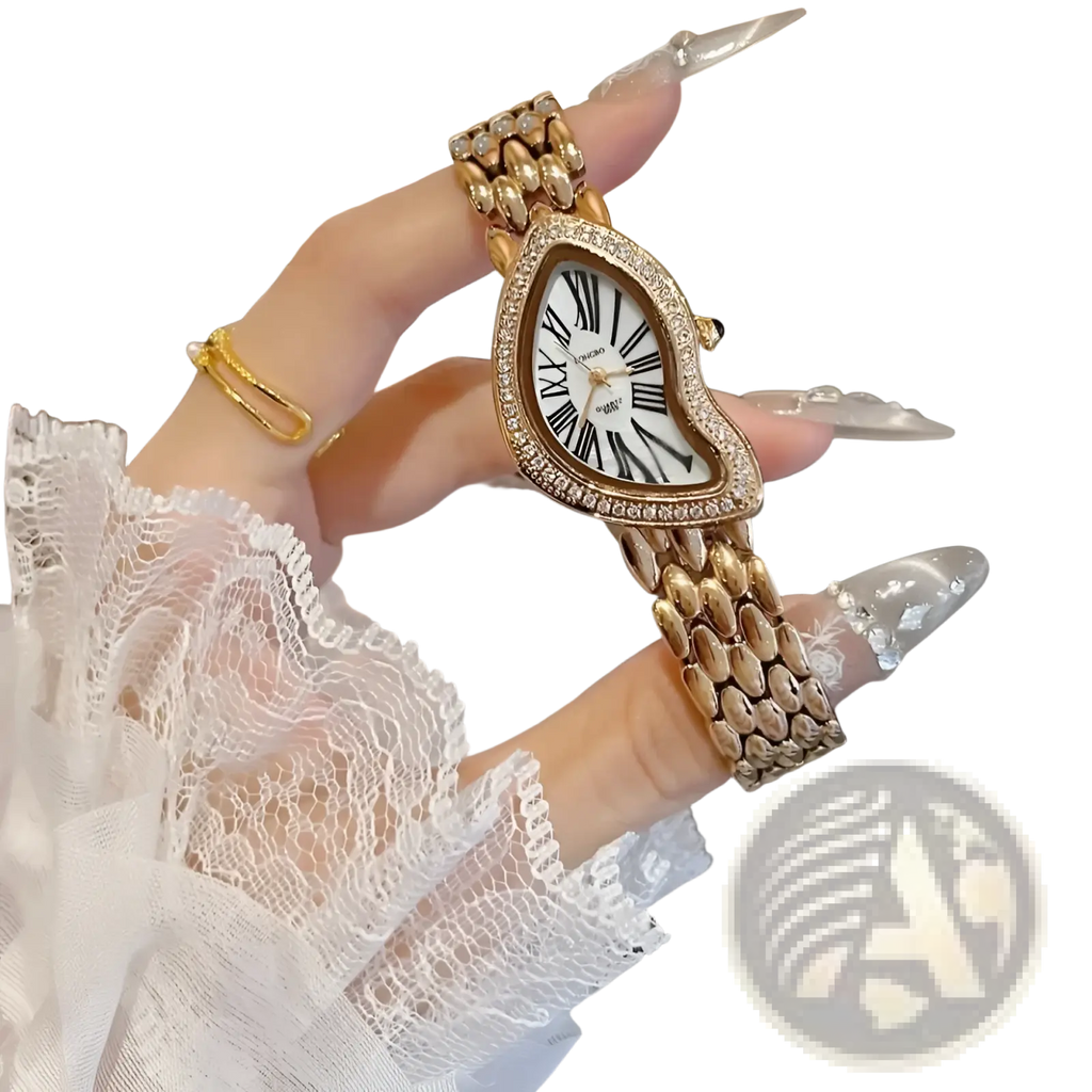 A gold-toned heart shaped women designer watch with rhinestones roman numerals and stainless steel linked strap