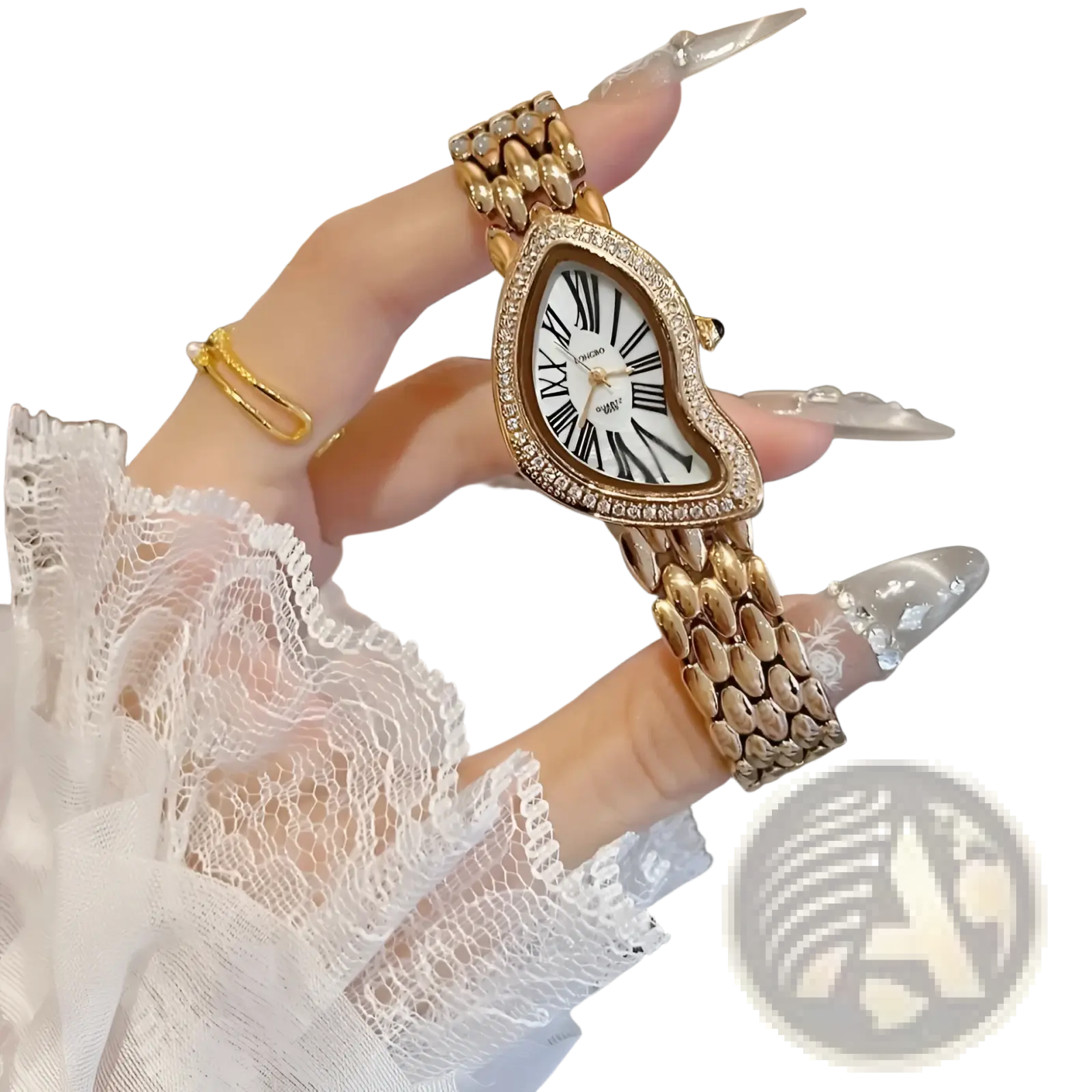 A gold-toned heart shaped women designer watch with rhinestones roman numerals and stainless steel linked strap