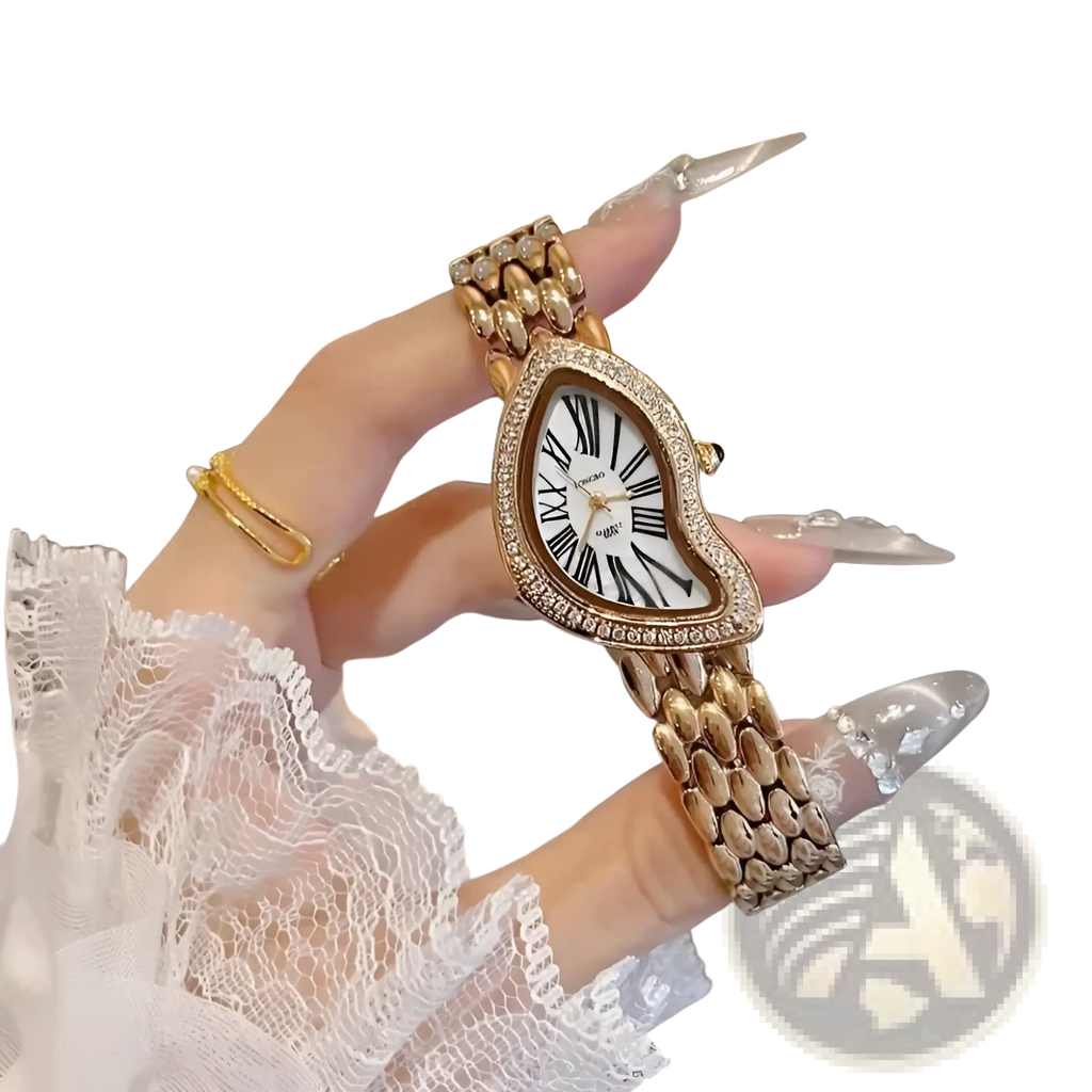 Rose gold heart shaped women designer watch with crystal accents roman numerals and stainless steel linked bracelet