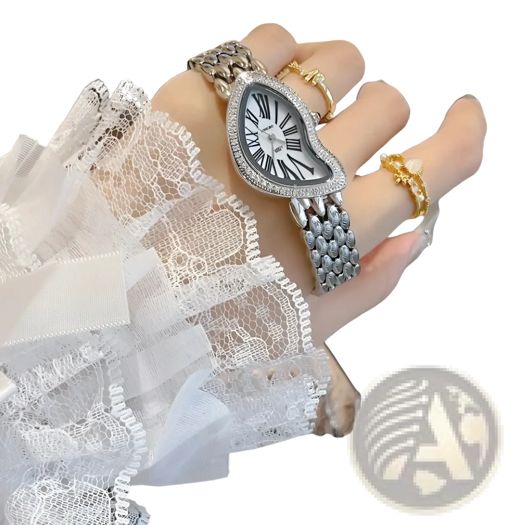 A silver-toned heart shaped women designer watch with a diamond-encrusted melting glass face and stainless steel strap