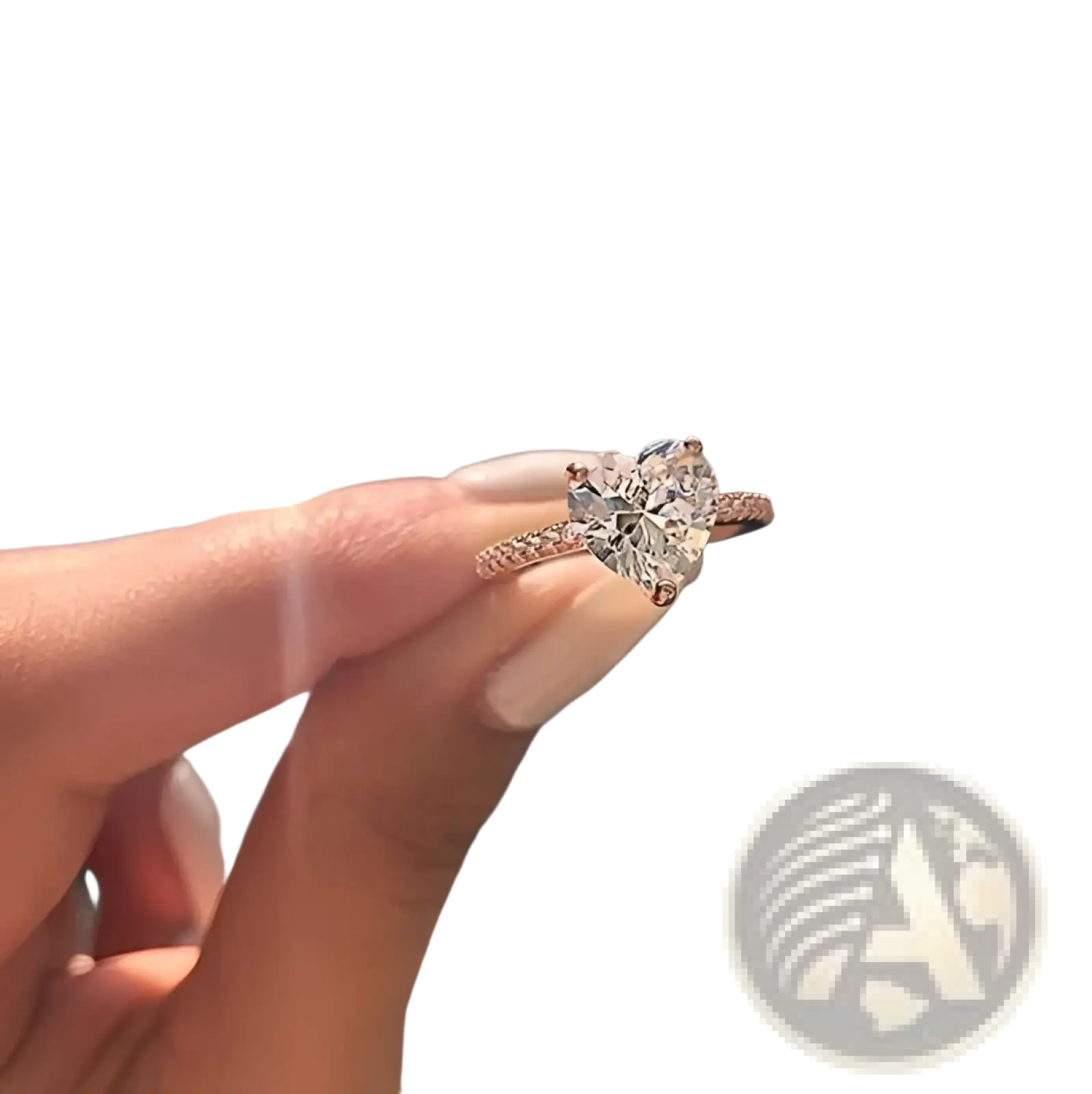 A rose gold heart shaped diamond ring with pave setting in white gold plating for engagement