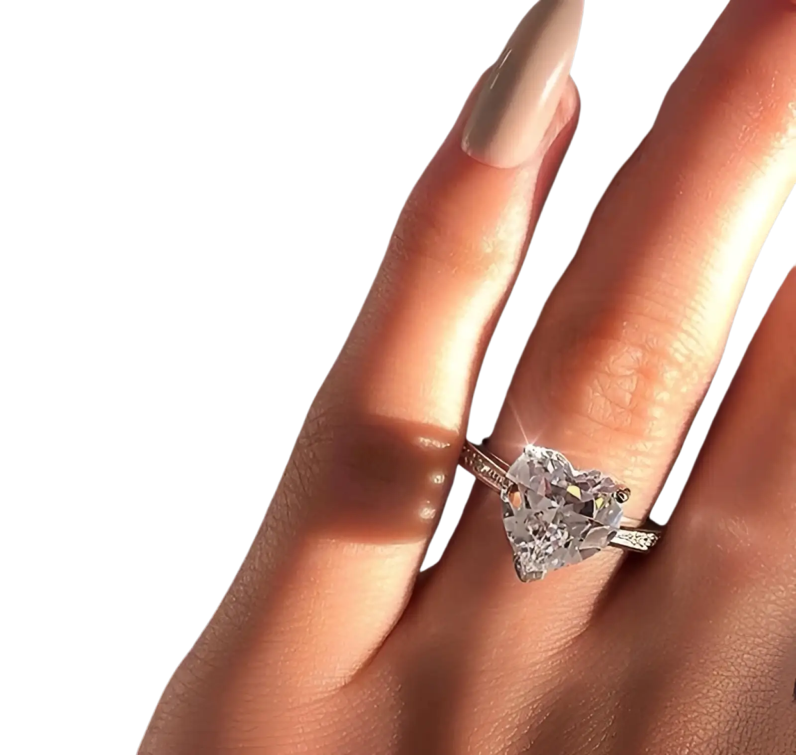 A heart shaped zircon engagement ring with a sparkling diamond in white gold plating and smaller side diamonds