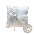 Heart wedding ring pillow in white satin with a large floral bow and heart shaped ring holder for bridal ceremony
