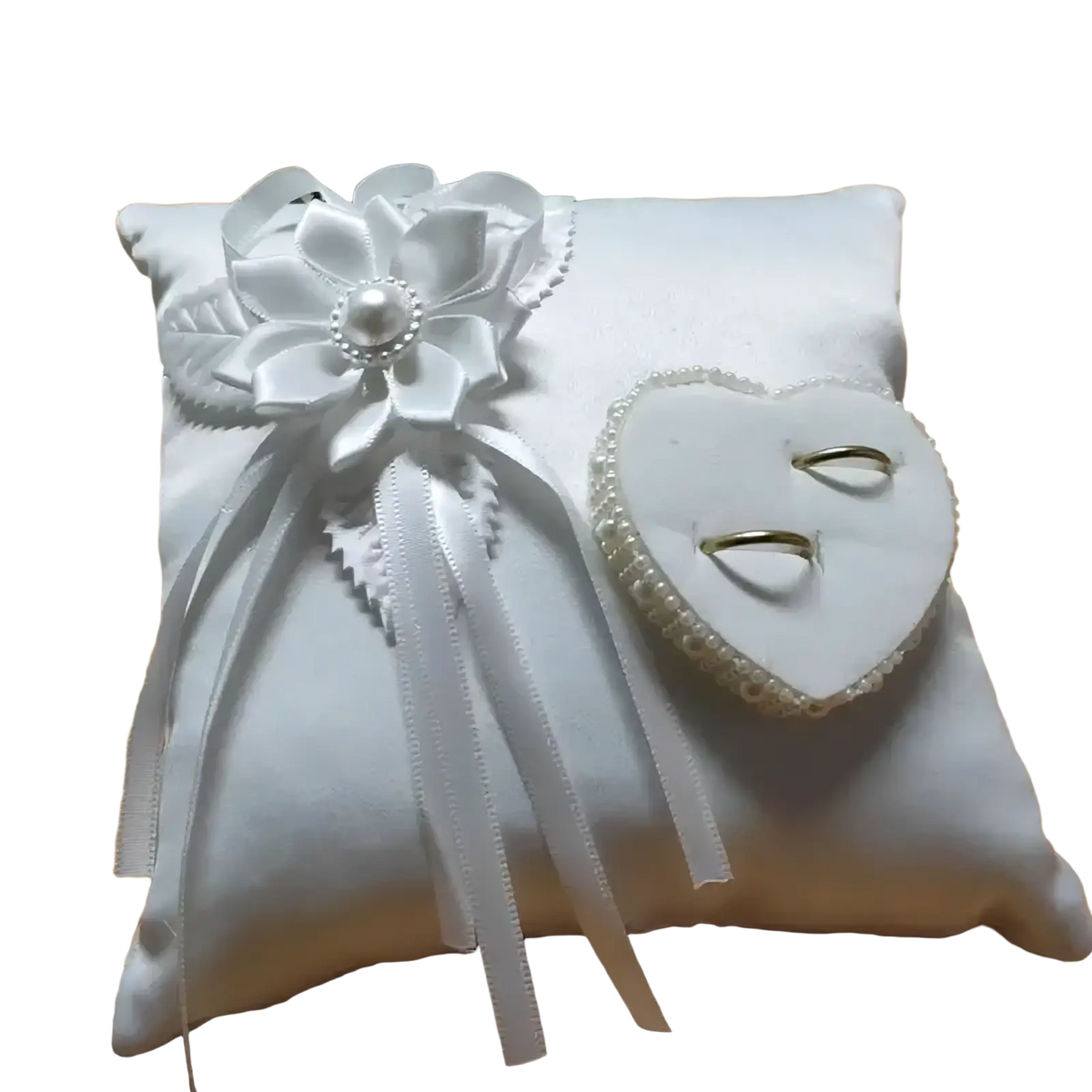 Heart wedding ring pillow in white satin with large ribbon flower pearl embellishment and heart-shaped pearl ring holder