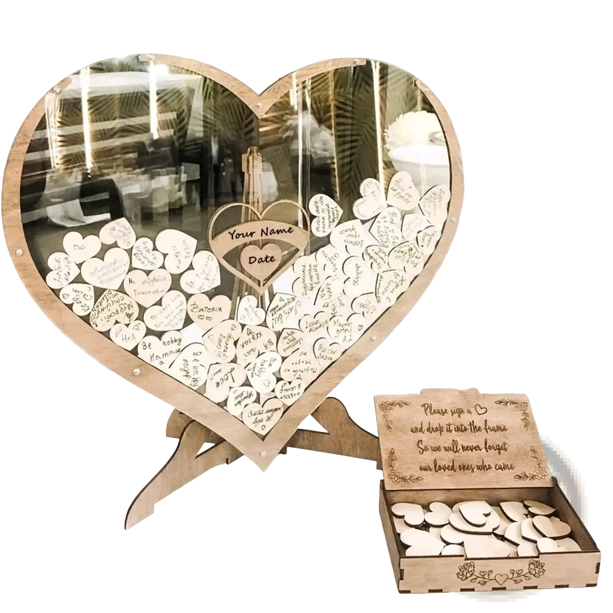 Heart wooden wedding guest book drop box with heart-shaped mirrored center and engraved heart tags inside