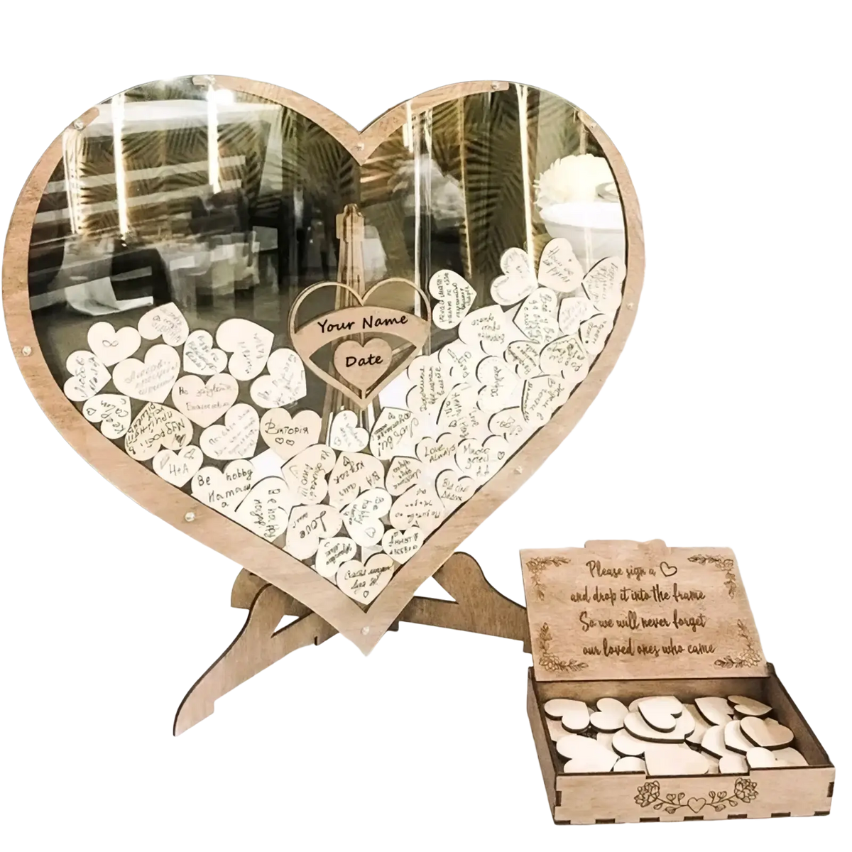 Heart wooden wedding guest book drop box with heart-shaped mirrored center and engraved heart tags inside
