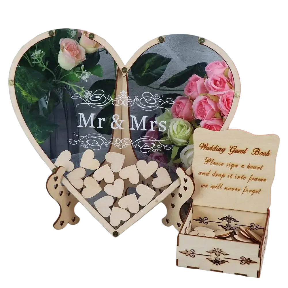 Heart wooden wedding guest book drop box with heart shape, clear acrylic panels, engraved mr and mrs text, and matching laser cut wood box